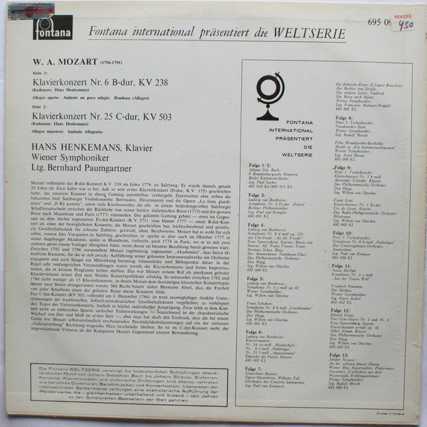 Wolfgang Amadeus Mozart, Hans Henkemans, Wiener Symphoniker, Bernhard Paumgartner : Klavierkonzert Nr. 6 B-dur, KV 238 / Nr. 25 C-dur, KV 503 (LP, Mono)
