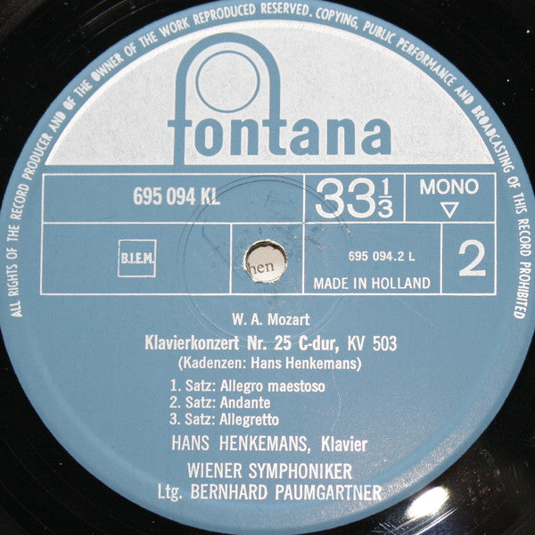 Wolfgang Amadeus Mozart, Hans Henkemans, Wiener Symphoniker, Bernhard Paumgartner : Klavierkonzert Nr. 6 B-dur, KV 238 / Nr. 25 C-dur, KV 503 (LP, Mono)