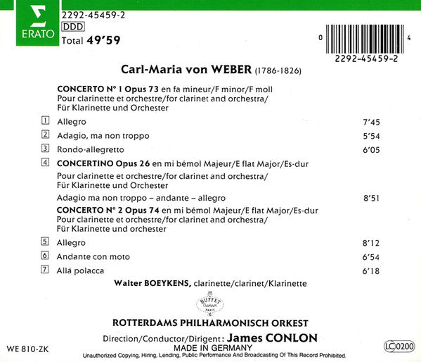 Carl Maria von Weber, Walter Boeykens, Rotterdams Philharmonisch Orkest, James Conlon : Concertos Concertino Pour Clarinette (CD, Album)