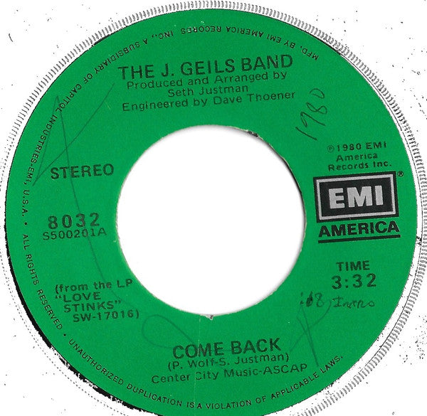 The J. Geils Band : Come Back (7", Single)