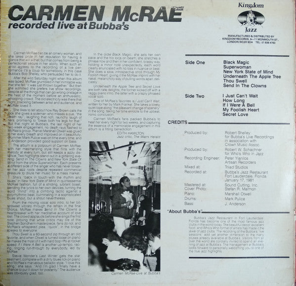 Carmen McRae : Recorded Live At Bubba's (LP, Album)