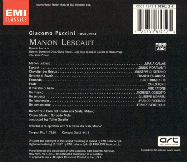 Giacomo Puccini - Maria Callas, Giuseppe di Stefano, Giulio Fioravanti, Orchestra Del Teatro Alla Scala E Coro Del Teatro Alla Scala, Tullio Serafin : Manon Lescaut (2xCD, Album, Mono, RE, RM + Box, Sli)