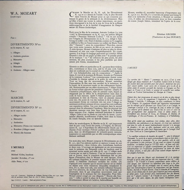 Wolfgang Amadeus Mozart - I Musici : Divertimenti, K. 247 And K. 251 / Marche, K. 248 (LP)