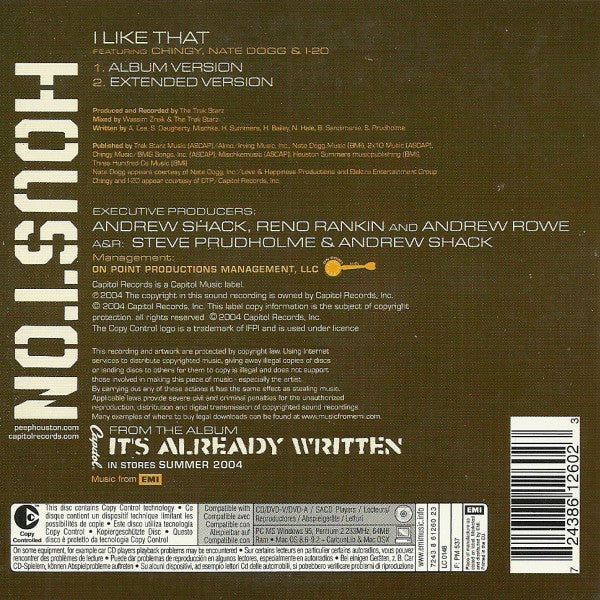Houston (2) Featuring Chingy, Nate Dogg & I-20 : I Like That (CD, Single, Copy Prot.)