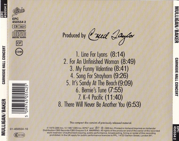 Gerry Mulligan / Chet Baker : Carnegie Hall Concert (CD, Album, RE, RM, RP)