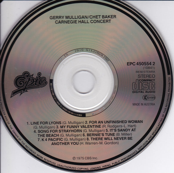 Gerry Mulligan / Chet Baker : Carnegie Hall Concert (CD, Album, RE, RM, RP)