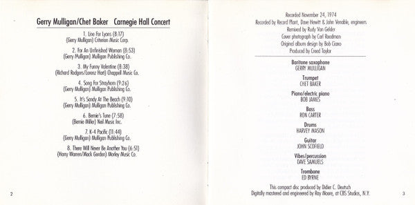 Gerry Mulligan / Chet Baker : Carnegie Hall Concert (CD, Album, RE, RM, RP)