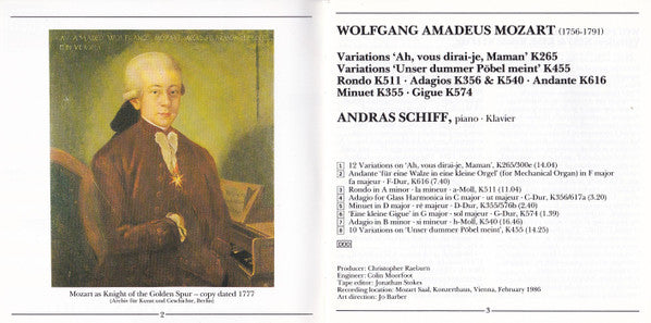 Wolfgang Amadeus Mozart - András Schiff : Variations "Ah, Vous Dirai-je, Maman" K265, Variations "Unser Dummer Pöbel Meint" K455, Rondo K511, Adagios K356 & K540, Andante K616 (CD, Album, RE)