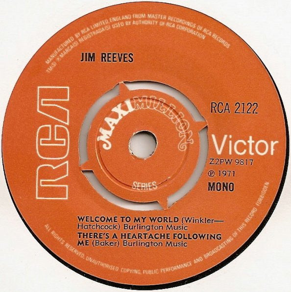 Jim Reeves : Distant Drums / Welcome To My World / There's A Heartache Following Me (7")