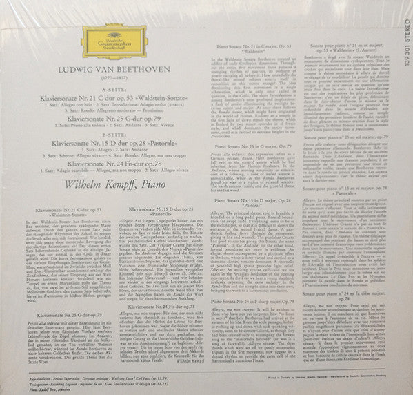 Ludwig van Beethoven – Wilhelm Kempff : Sonaten  Nr. 21 »Waldstein« · Nr. 25 G-dur · Nr. 15 »Pastorale« · Nr. 24 Fis-dur (LP, Album)