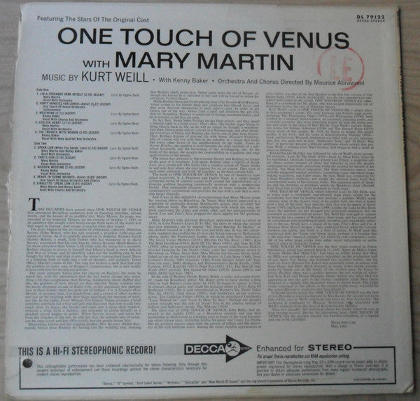 Mary Martin With Kenny Baker (2) : One Touch Of Venus: Featuring The Stars Of The Original Cast (LP, Album)
