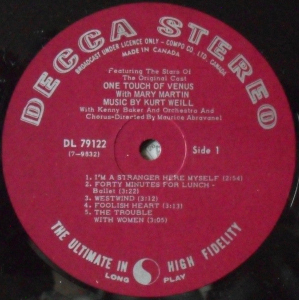 Mary Martin With Kenny Baker (2) : One Touch Of Venus: Featuring The Stars Of The Original Cast (LP, Album)