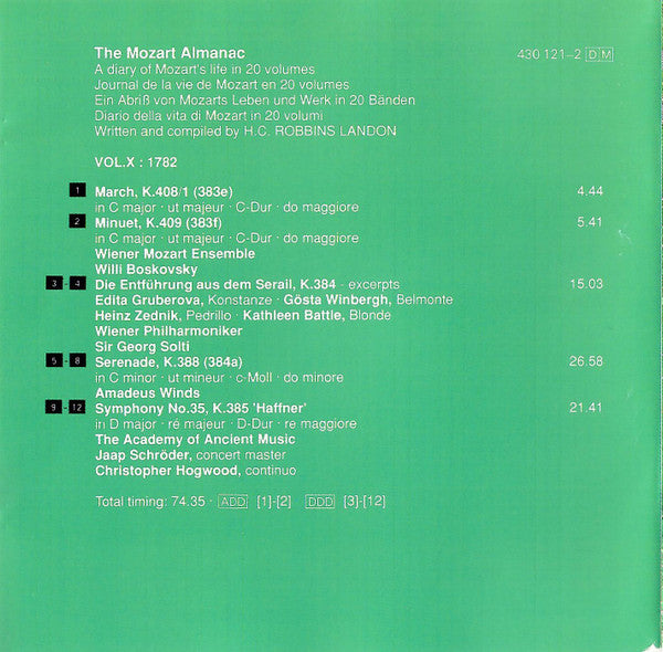 Wolfgang Amadeus Mozart : The Mozart Almanac Vol. X 1782 - Symphony No. 35 'Haffner' / Serenade K.388 / Die Entführung Aus Dem Serail exc. (CD, Comp, RE)