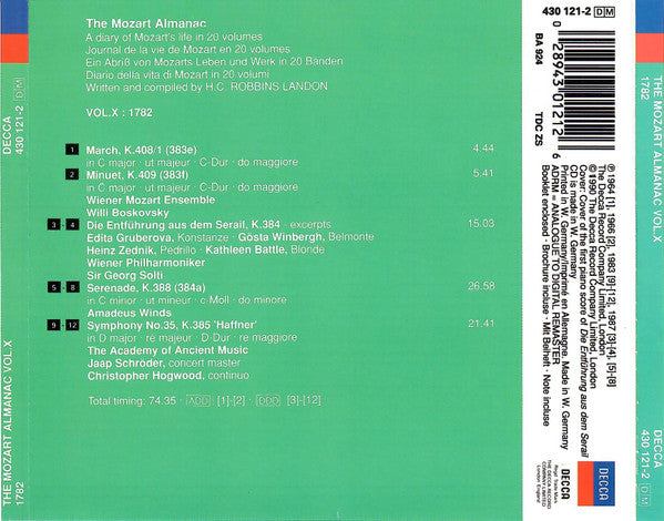 Wolfgang Amadeus Mozart : The Mozart Almanac Vol. X 1782 - Symphony No. 35 'Haffner' / Serenade K.388 / Die Entführung Aus Dem Serail exc. (CD, Comp, RE)