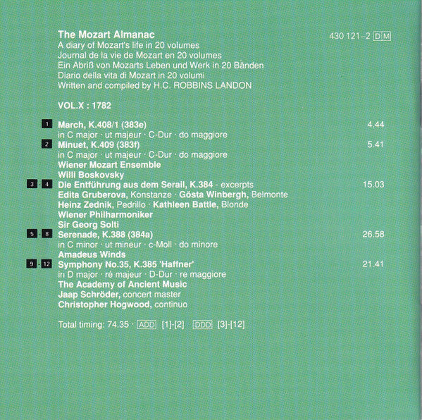 Wolfgang Amadeus Mozart : The Mozart Almanac Vol. X 1782 - Symphony No. 35 'Haffner' / Serenade K.388 / Die Entführung Aus Dem Serail exc. (CD, Comp, RE)