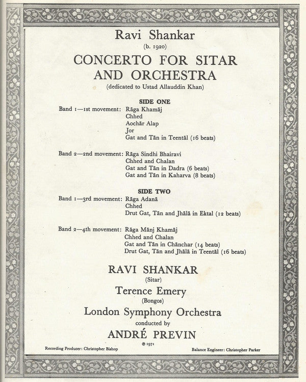 Ravi Shankar, André Previn, London Symphony Orchestra : Concerto For Sitar & Orchestra (LP, Album)