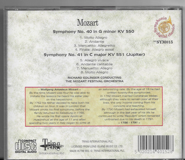 Wolfgang Amadeus Mozart - Richard Edlinger Conducting Mozart Festival Orchestra (2) : Symphonies No. 40 And 41 (CD)