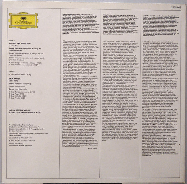 Joshua Epstein ,  Jean-Claude Vanden Eynden ,  Ludwig Van Beethoven / Béla Bartók : Kreutzer-Sonate / Sonate Für Violine Solo (LP, Album)