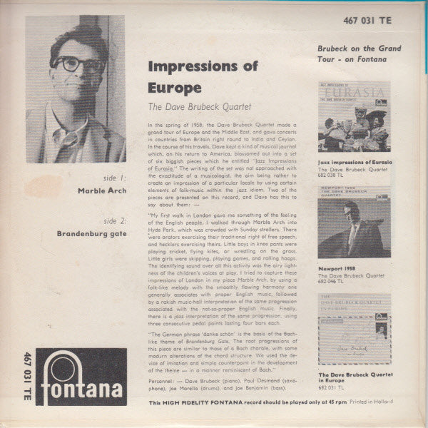 The Dave Brubeck Quartet : Impressions Of Europe (7", EP)