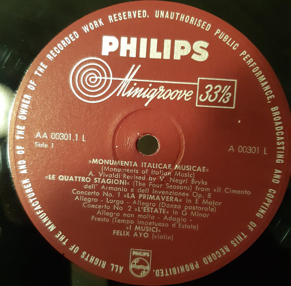 Antonio Vivaldi, I Musici, Félix Ayo : Le Quattro Stagioni (LP, Mono, Min)