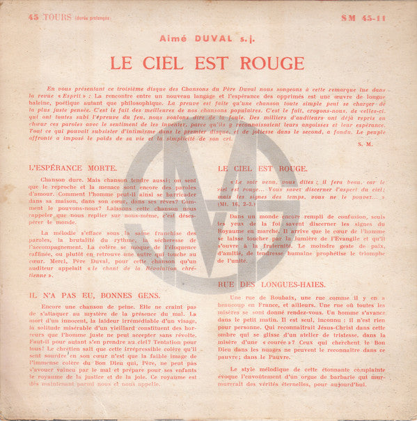 Aimé Duval : Le Ciel Est Rouge (7", EP, Red)