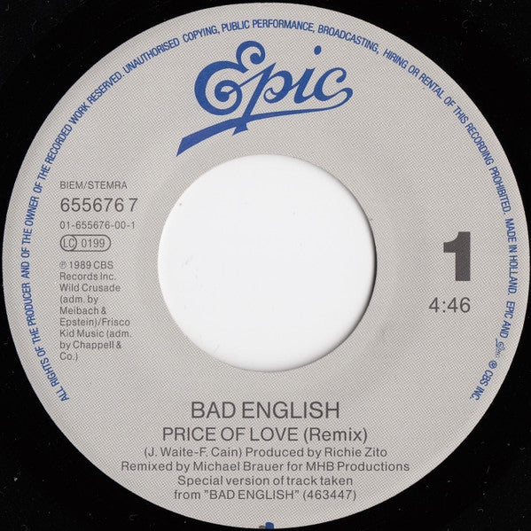 Bad English : Price Of Love (Remix) (7", Single)