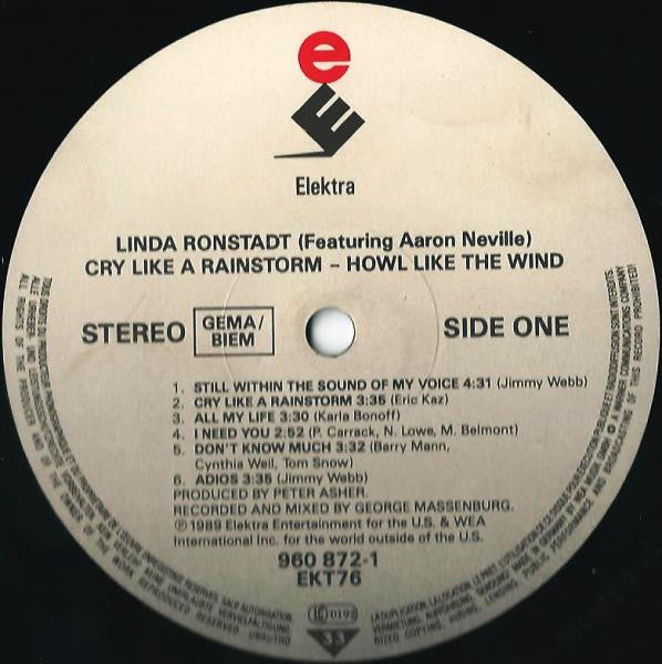 Linda Ronstadt Featuring Aaron Neville : Cry Like A Rainstorm - Howl Like The Wind (LP, Album)