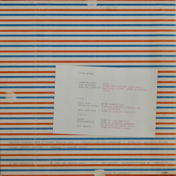 Charlie Haden, Jan Garbarek, Egberto Gismonti : Folk Songs (LP, Album)