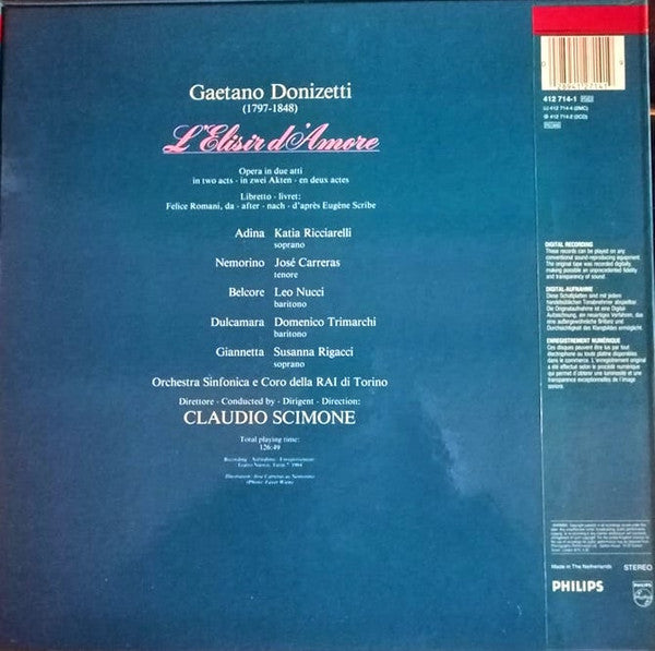 Gaetano Donizetti - Katia Ricciarelli, José Carreras, Leo Nucci, Susanna Rigacci, Domenico Trimarchi, Orchestra Sinfonica Di Torino Della RAI, Coro Di Torino Della RAI, Claudio Scimone : L'Elisir d'Amore (2xLP)