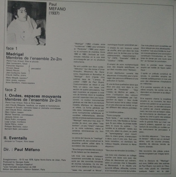 Paul Méfano : Madrigal / Ondes, Espaces Mouvants / Eventails (LP)