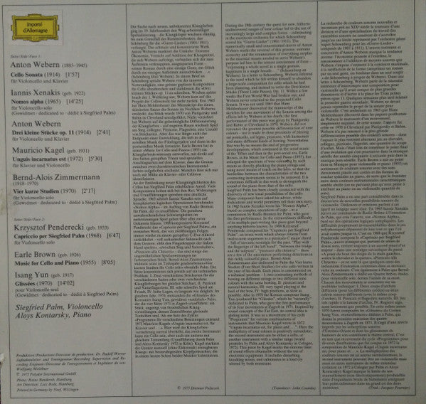 Siegfried Palm, Aloys Kontarsky - Anton Webern ∙ Iannis Xenakis ∙ Mauricio Kagel ∙ Bernd Alois Zimmermann ∙ Krzysztof Penderecki ∙ Earle Brown ∙ Isang Yun : Musik Für Violoncello (Und Klavier) (LP)