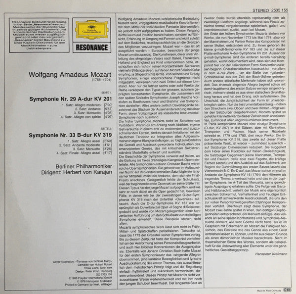 Wolfgang Amadeus Mozart, Berliner Philharmoniker, Herbert Von Karajan : Symphonie Nr.29 A-dur KV 201 / Symphonie Nr.33 B-dur KV 319 (LP, RE)