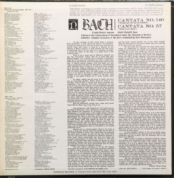 Johann Sebastian Bach, Ursula Buckel, Prof. Jakob Stämpfli, Kammerorchester Des Saarländischen Rundfunks, Saarbrücken, Herbert Schmolzi, Karl Ristenpart : Wachet Auf, Ruft Uns Die Stimme, BWV 140, Cantata No. 140, Selig Ist Der Mann BWV  57,  Cantata 57 (LP, Album)