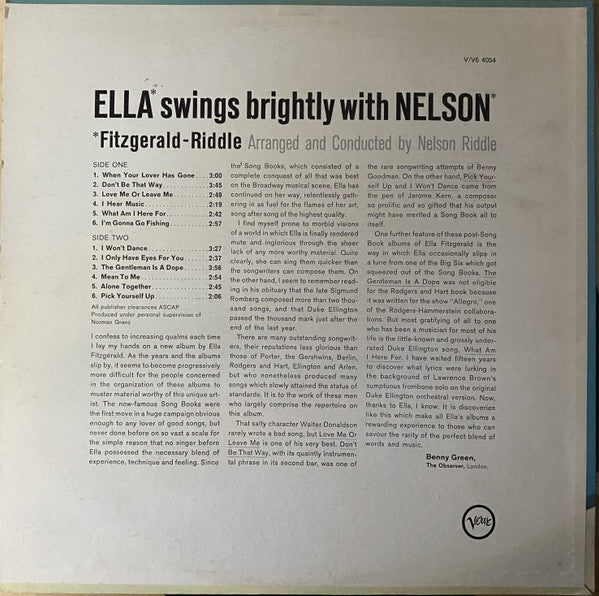 Ella Fitzgerald - Nelson Riddle : Ella Swings Brightly With Nelson (LP, Album, Mono, Wad)