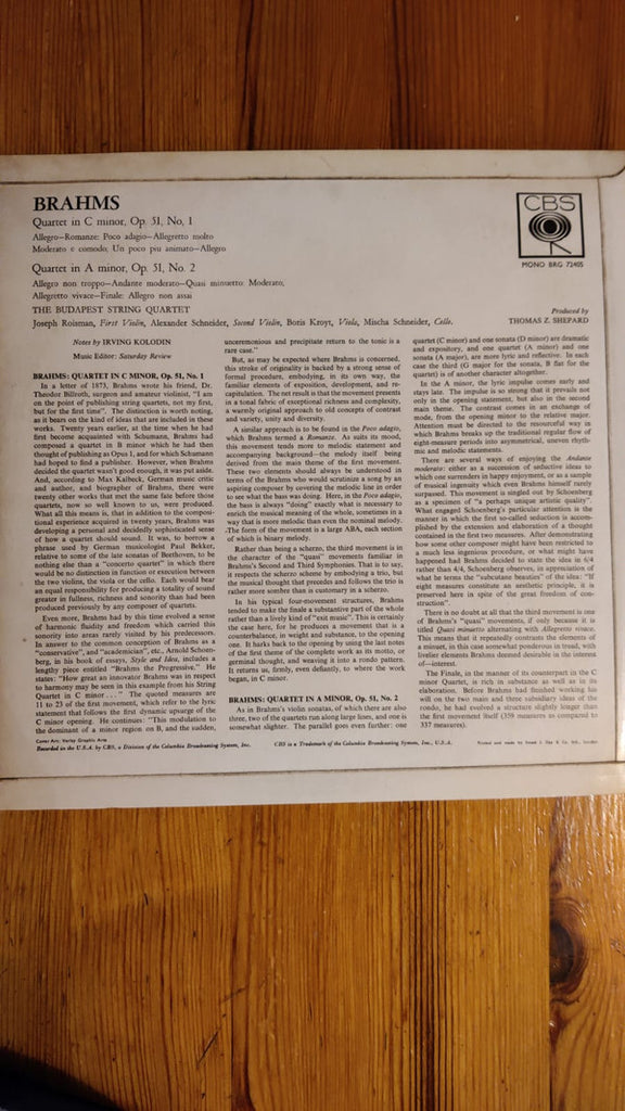 Johannes Brahms, Budapest String Quartet : String Quartets Op. 51 No's 1&2 (LP)
