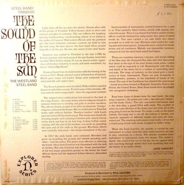 The Westland Steel Band : The Sound Of The Sun (LP, Album, Mono)