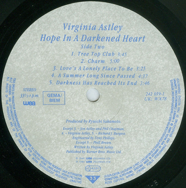 Virginia Astley : Hope In A Darkened Heart (LP, Album)