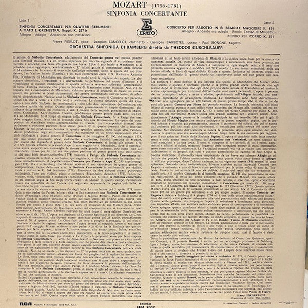Wolfgang Amadeus Mozart, Pierre Pierlot, Jacques Lancelot, Georges Barboteu, Paul Hongne ,  Bamberger Symphoniker, Theodor Guschlbauer : Sinfonia Concertante Per Quattro Strumenti A Fiato E Orchestra K.297B / Concerto Per Fagotto K.191 / Rondo' Per Corno K.371 (LP)
