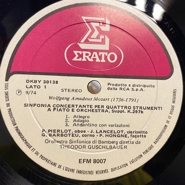 Wolfgang Amadeus Mozart, Pierre Pierlot, Jacques Lancelot, Georges Barboteu, Paul Hongne ,  Bamberger Symphoniker, Theodor Guschlbauer : Sinfonia Concertante Per Quattro Strumenti A Fiato E Orchestra K.297B / Concerto Per Fagotto K.191 / Rondo' Per Corno K.371 (LP)