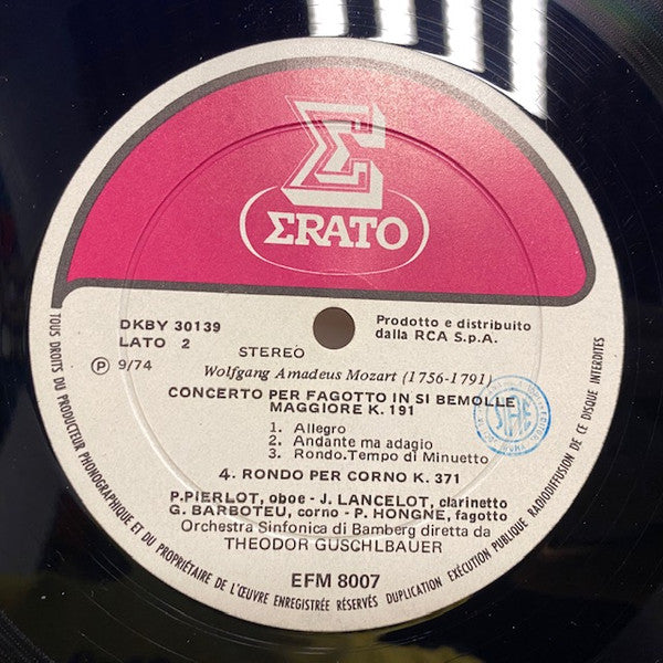 Wolfgang Amadeus Mozart, Pierre Pierlot, Jacques Lancelot, Georges Barboteu, Paul Hongne ,  Bamberger Symphoniker, Theodor Guschlbauer : Sinfonia Concertante Per Quattro Strumenti A Fiato E Orchestra K.297B / Concerto Per Fagotto K.191 / Rondo' Per Corno K.371 (LP)