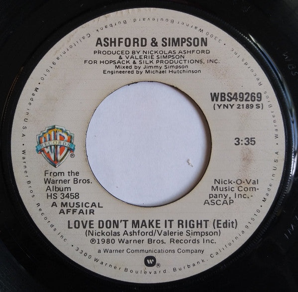Ashford & Simpson : Love Don't Make It Right (7", Single, Los)