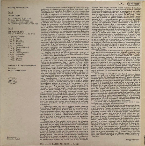 Wolfgang Amadeus Mozart - Sir Neville Marriner Conducting The Academy Of St. Martin-in-the-Fields : Les Petits Riens Et Quatre Ouvertures (LP, Album)