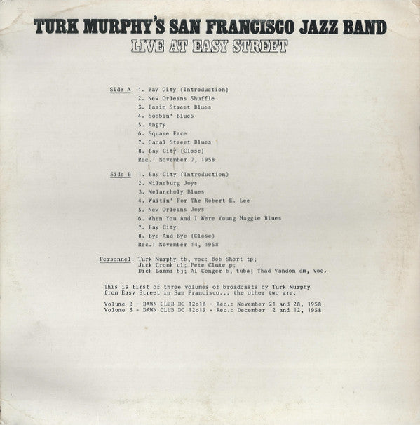 Turk Murphy's Jazz Band : Live At Easy Street (LP, Mono)