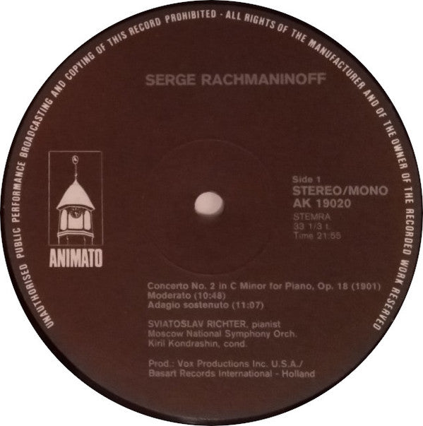 Sergei Vasilyevich Rachmaninoff - Moscow State Symphony Orchestra O.L.V. Kiril Kondrashin Pianist: Sviatoslav Richter : Piano Concert Nr. 2 In C Mineur, Opus 18 (LP)