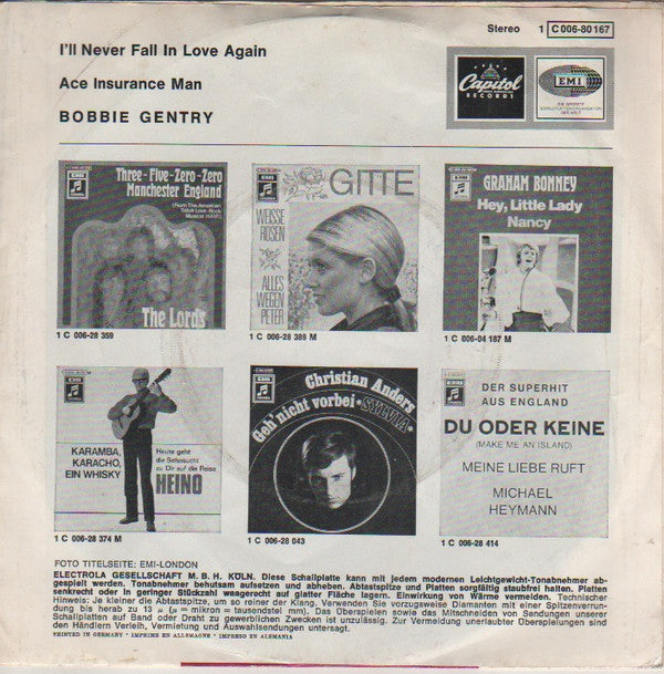 Bobbie Gentry : I'll Never Fall In Love Again / Ace Insurance Man (7", Single)