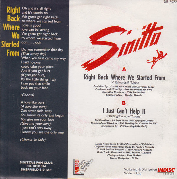 Sinitta : Right Back Where We Started From (7", Single)