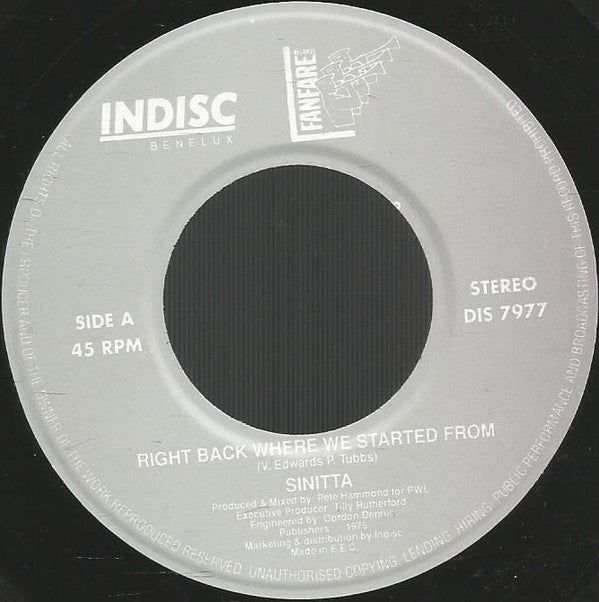 Sinitta : Right Back Where We Started From (7", Single)
