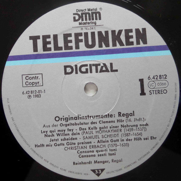Reinhardt Menger : Original Instruments: Regal (LP, Album, DMM)