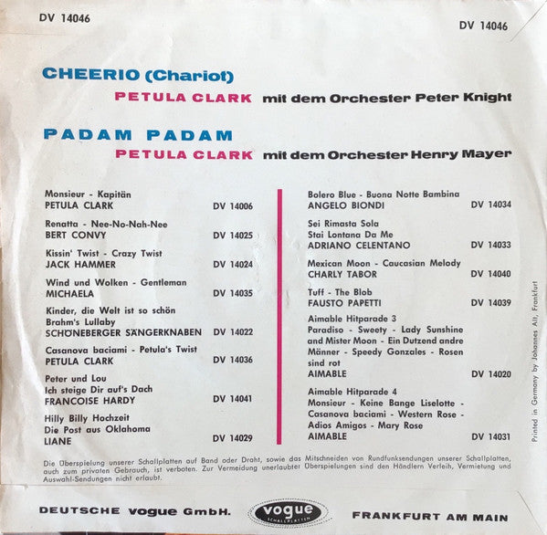 Petula Clark : Cheerio (Chariot) (7", Single)