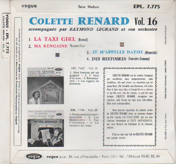 Colette Renard Accompagnée Par Raymond Legrand Et Son Orchestre : Vol. 16 - La Taxi Girl (7", EP)
